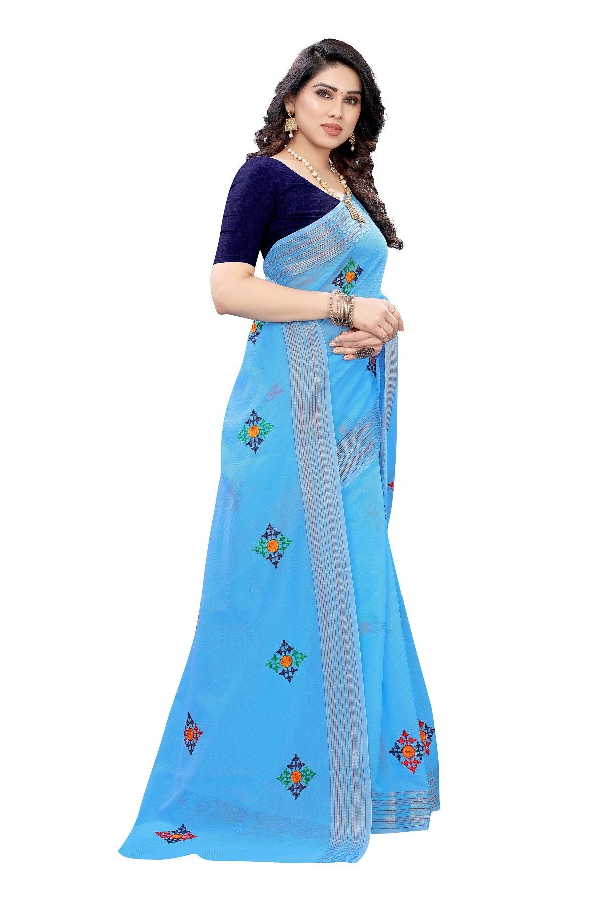 Women's Vamika Chanderi Cotton Embroidery Blue Saree-Dixa Blue - Vamika