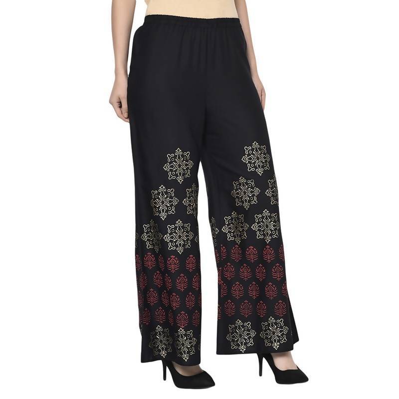 Women's Black Rayon Block Print Flared slip-on Palazzo