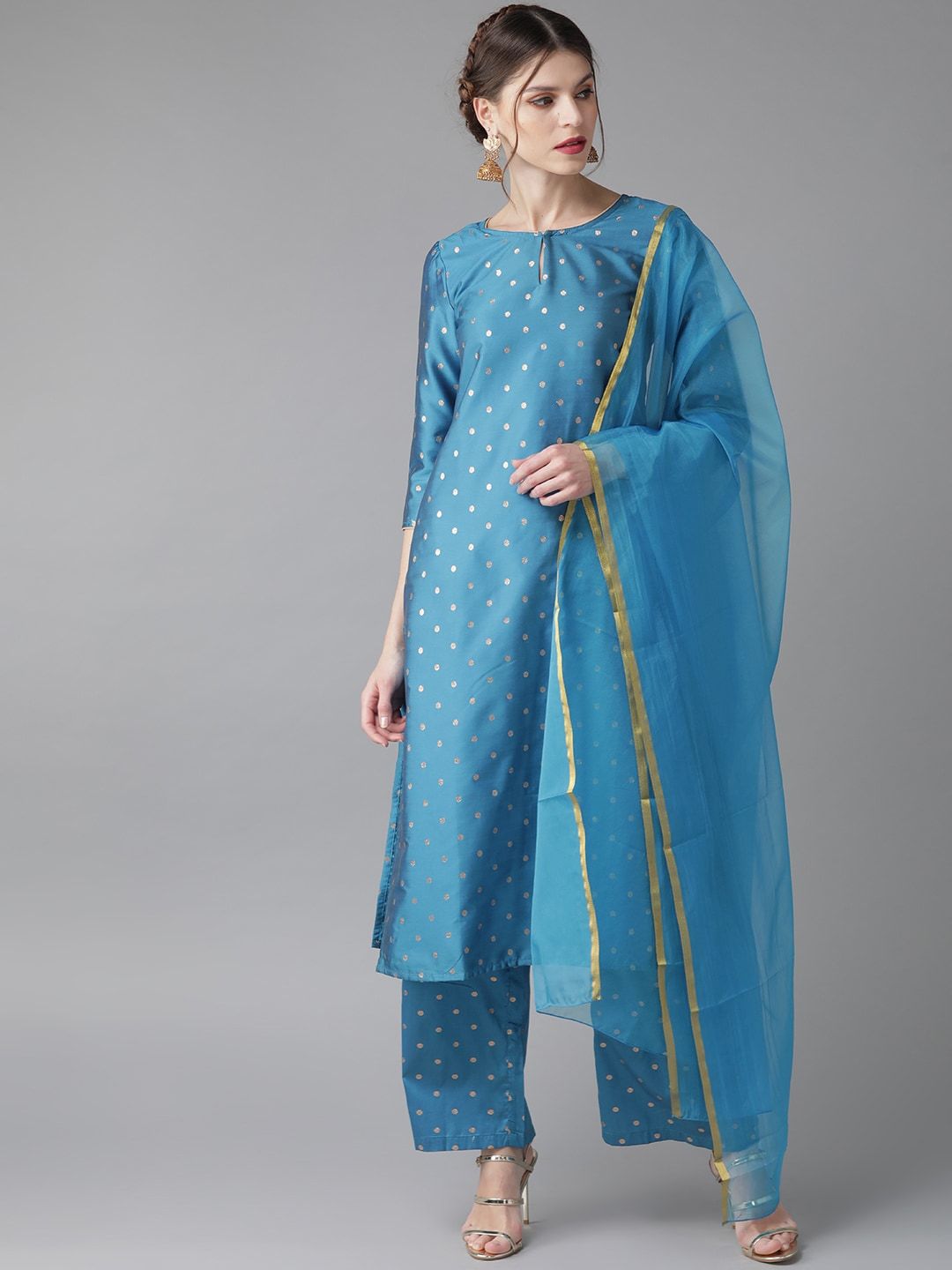 Women's  Blue & Golden Woven Design Kurta with Palazzos & Dupatta - AKS