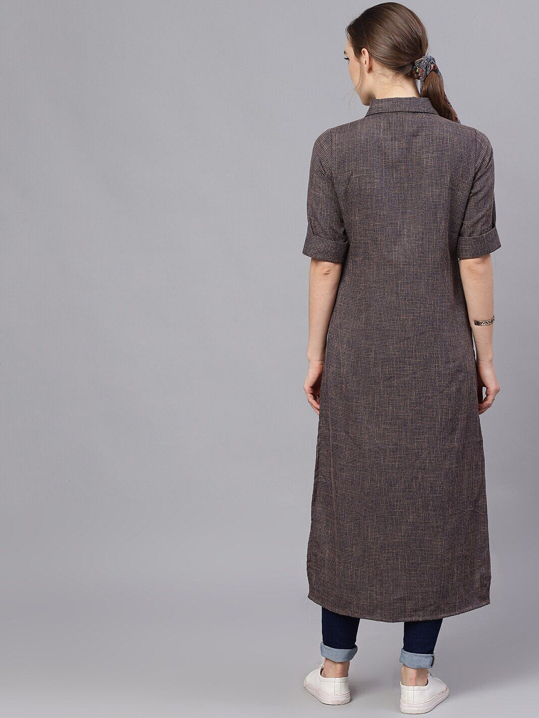 Women's  Blue & Grey Woven Design Pathani Kurta - AKS
