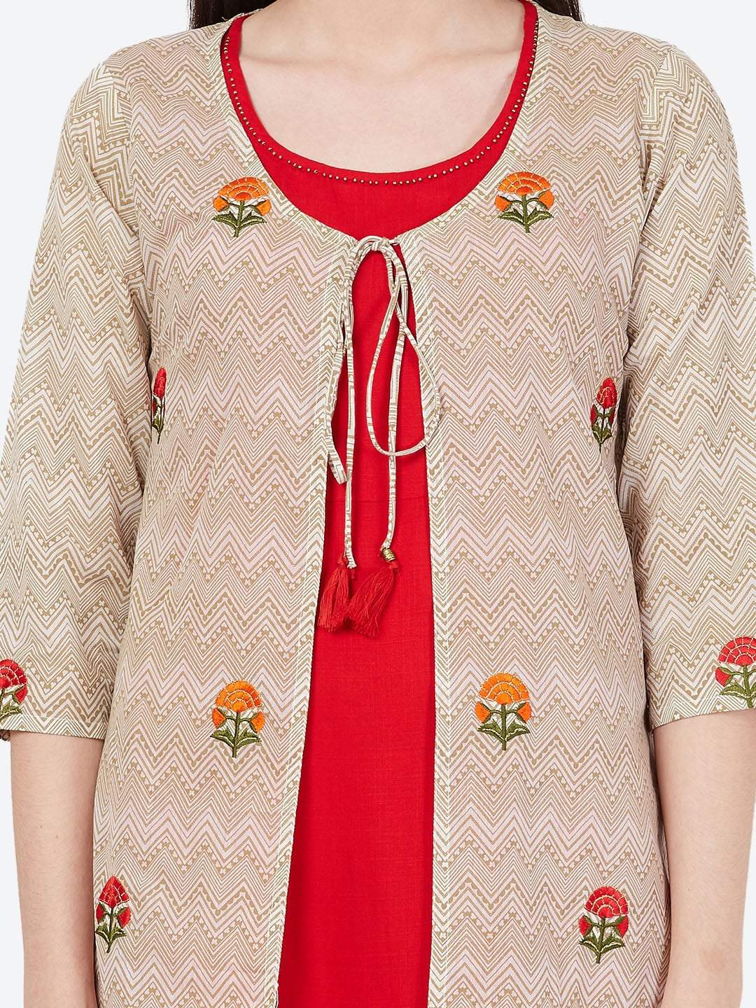 Women's Beige & Red Embroidered Layered Kurta - Meeranshi