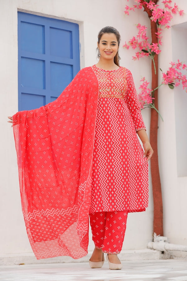 Women's Rayon Red Bhandej Printed Embroidered Kurta With Pant And Dupatta Set - Singni