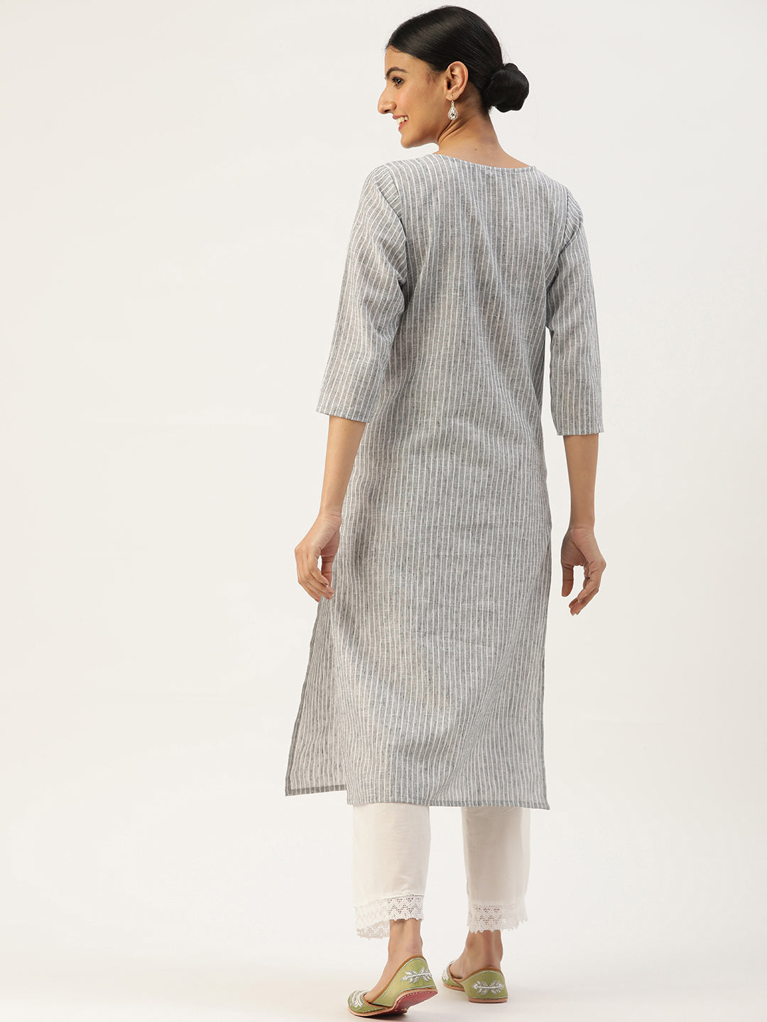 Women's Embroidered Cotton Blend Straight Kurta (Grey) - VAABA