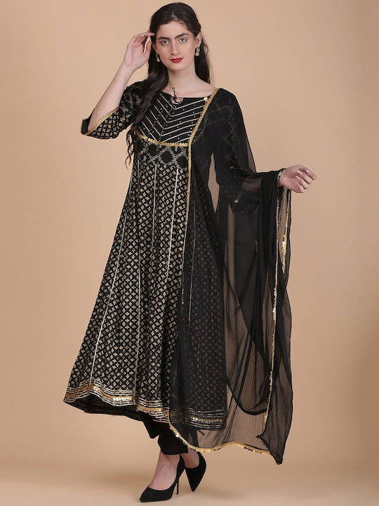 Women's Tie-Up Neck Floral Printed Kurta With Palazzos & Dupatta