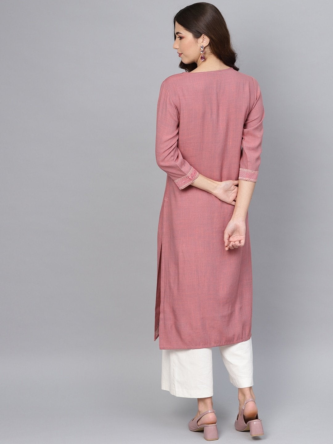 Women's Dusty Pink Embroidered Straight Kurta - Meeranshi