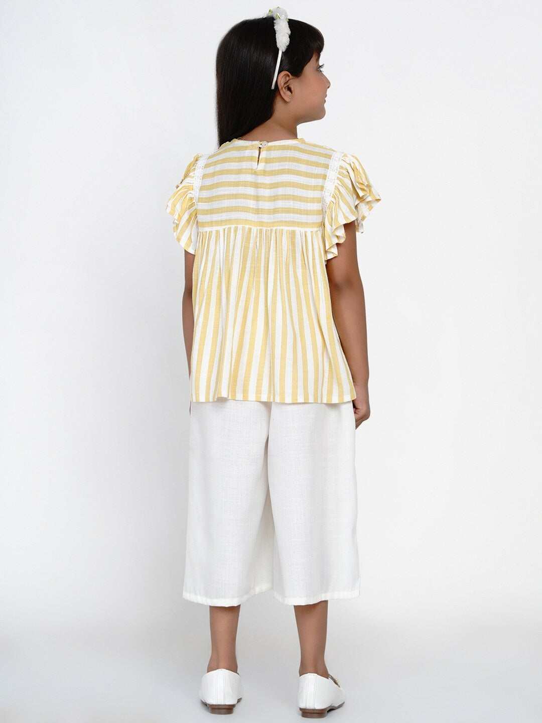 Girl's Yellow & Off-White Striped Top with Capris - NOZ2TOZ KIDS