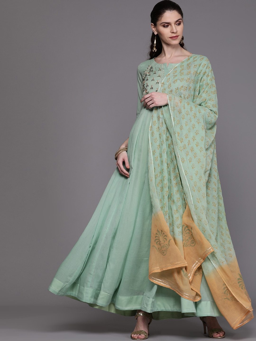 Women's  Sea Green & Golden Yoke Design Anarkali Kurta With Dupatta - AKS