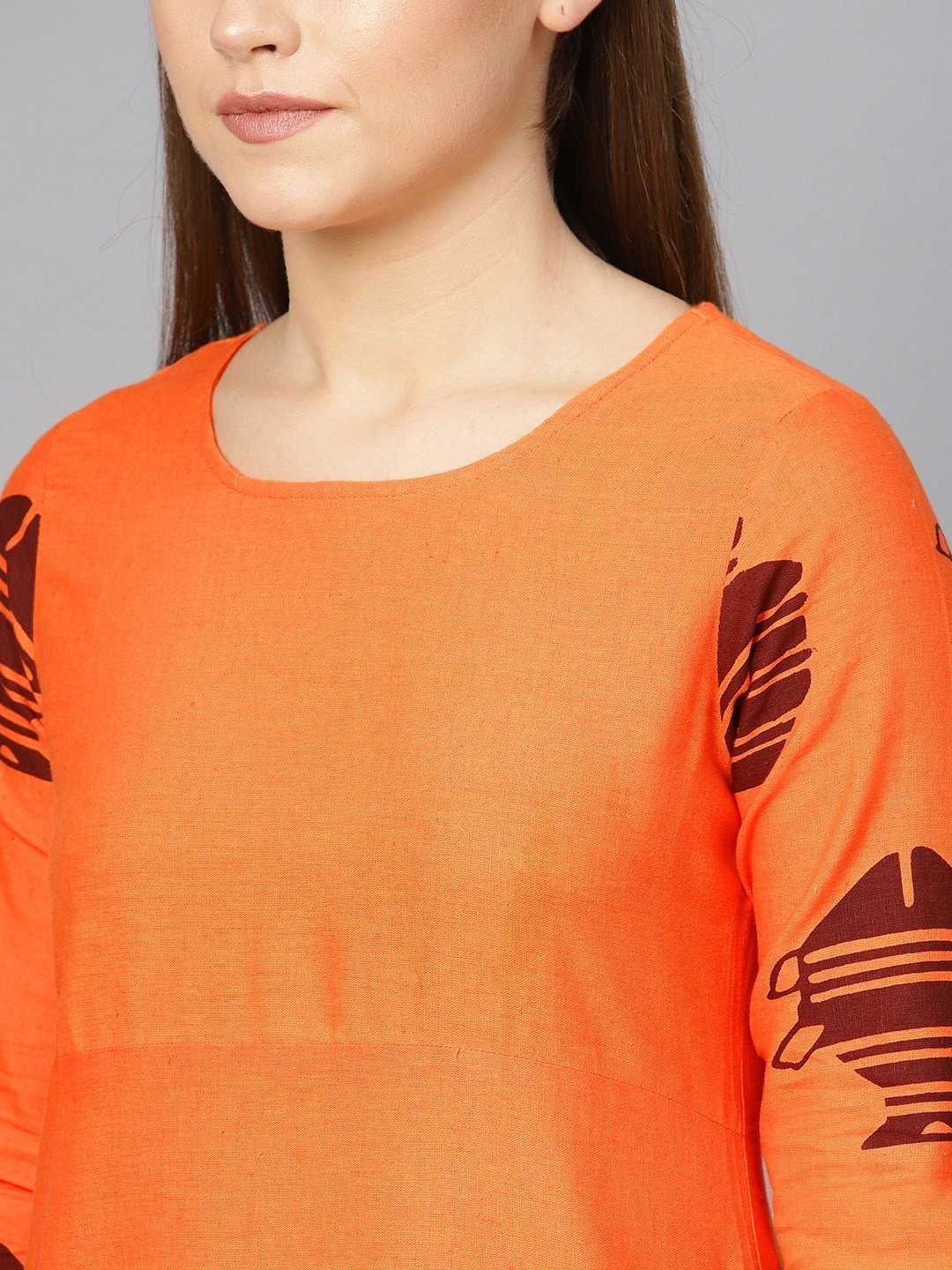 Women's  Orange & Brown Printed A-Line Kurta - AKS