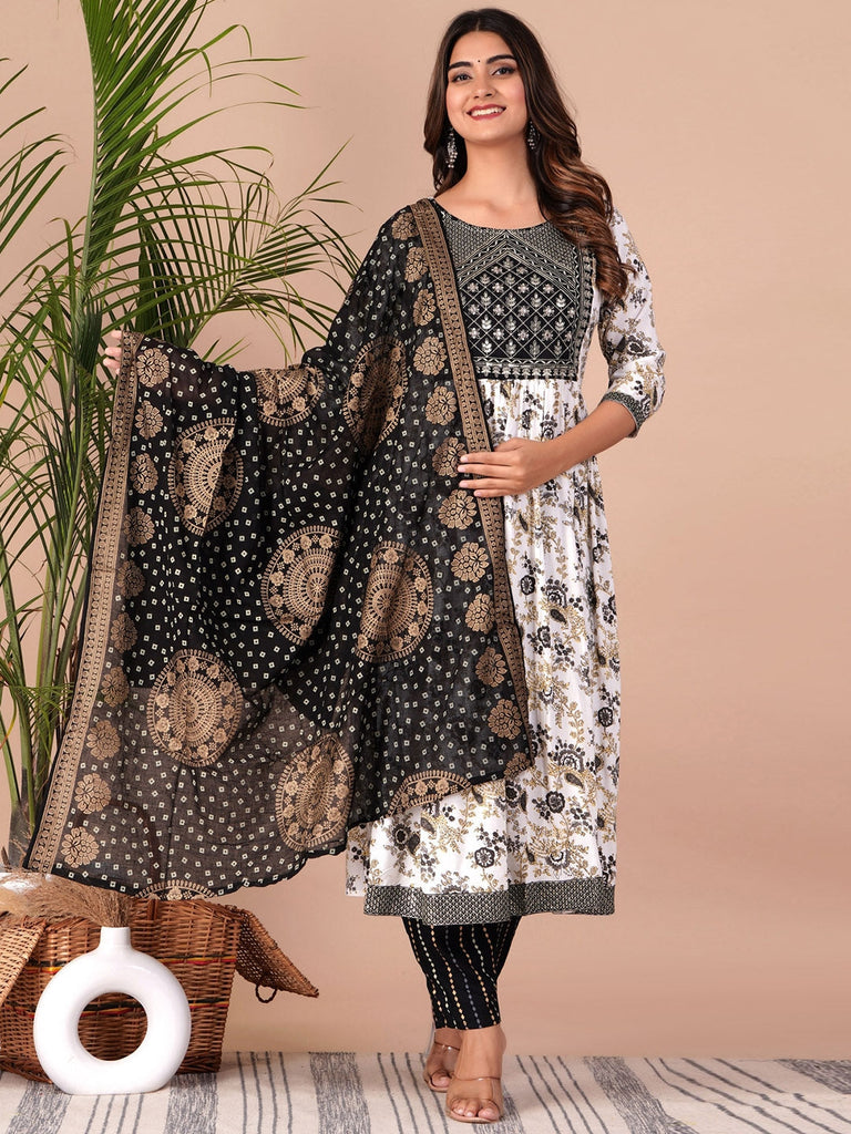Women's Floral Printed Empire Thread Work Kurta With Palazzos & Dupatta