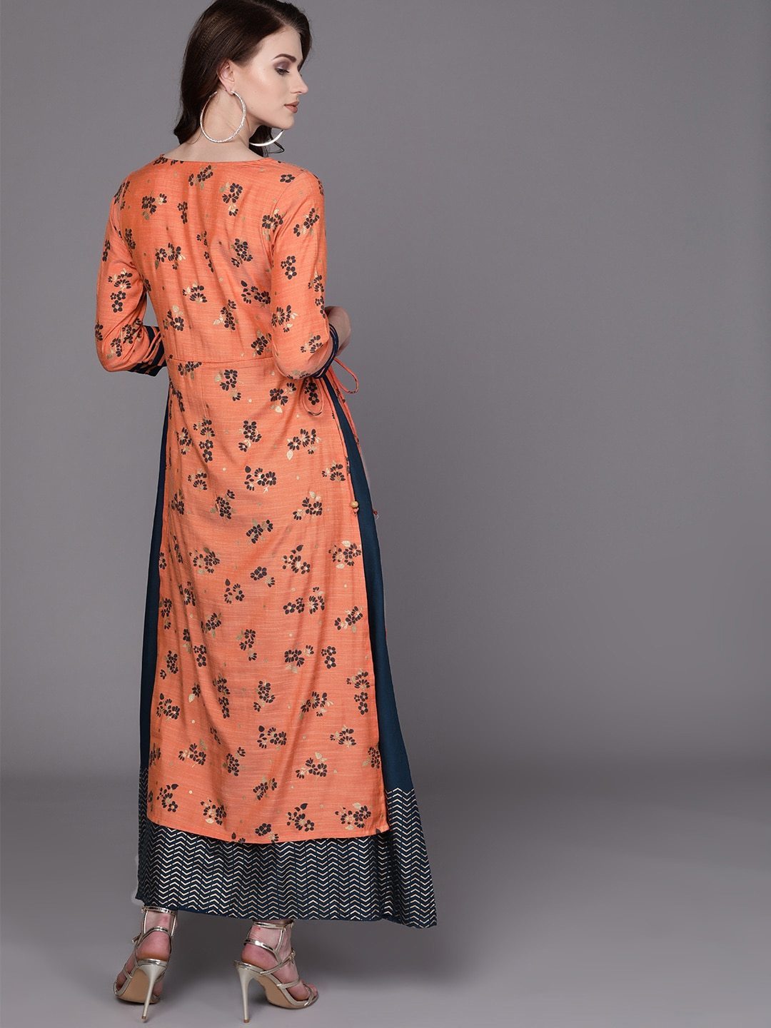 Women's  Orange & Teal Blue Floral Print Layered Maxi Dress - AKS