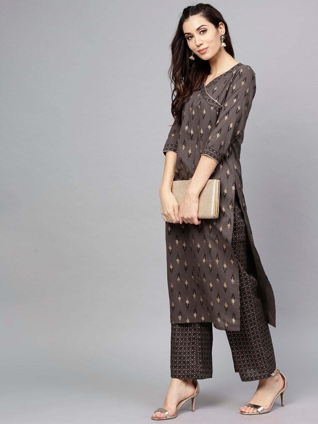 Women's  Charcoal & Gold-Toned Printed Kurta with Trousers - AKS