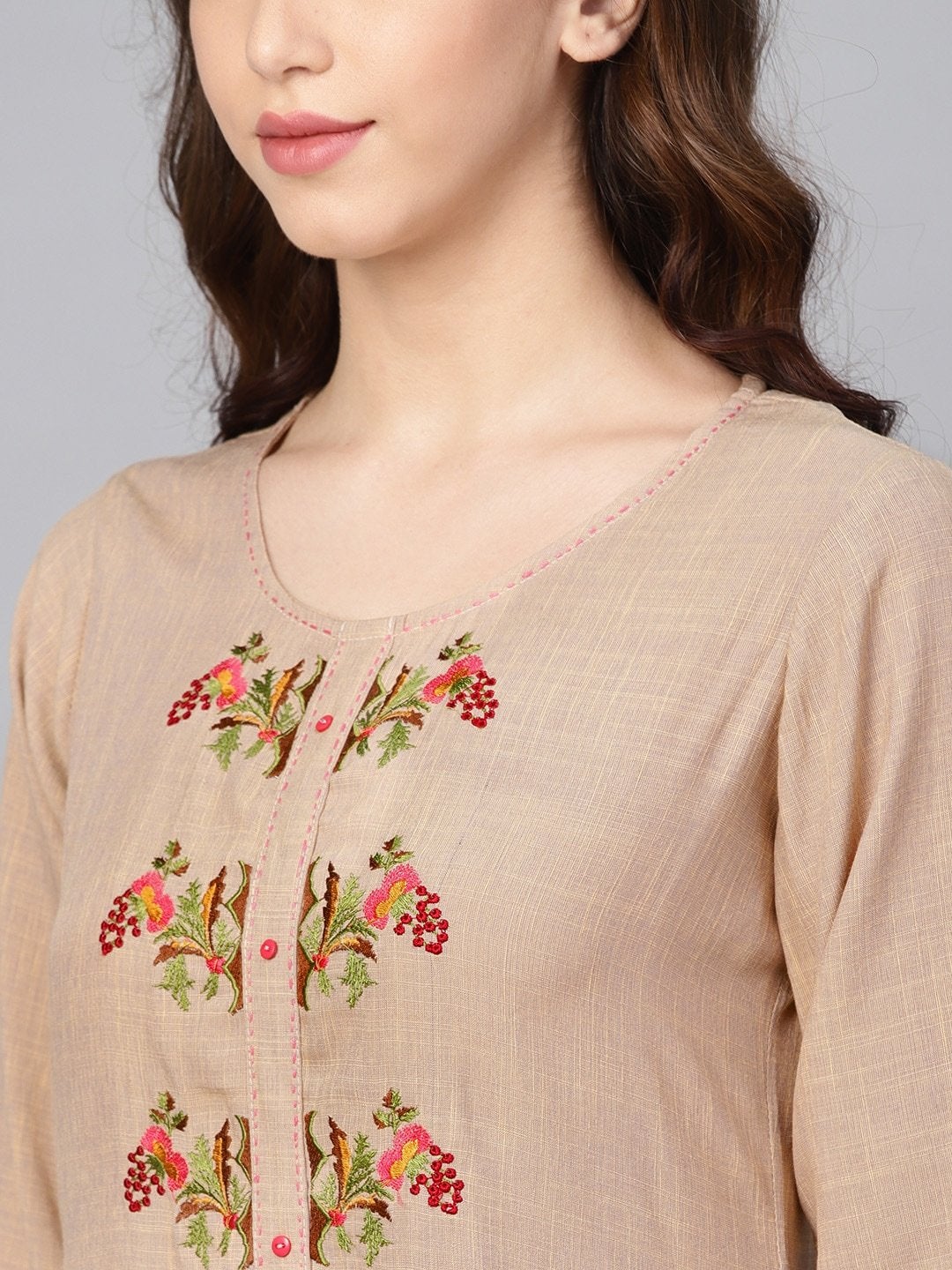 Women's Beige Floral Embroidered Straight Kurta - Meeranshi