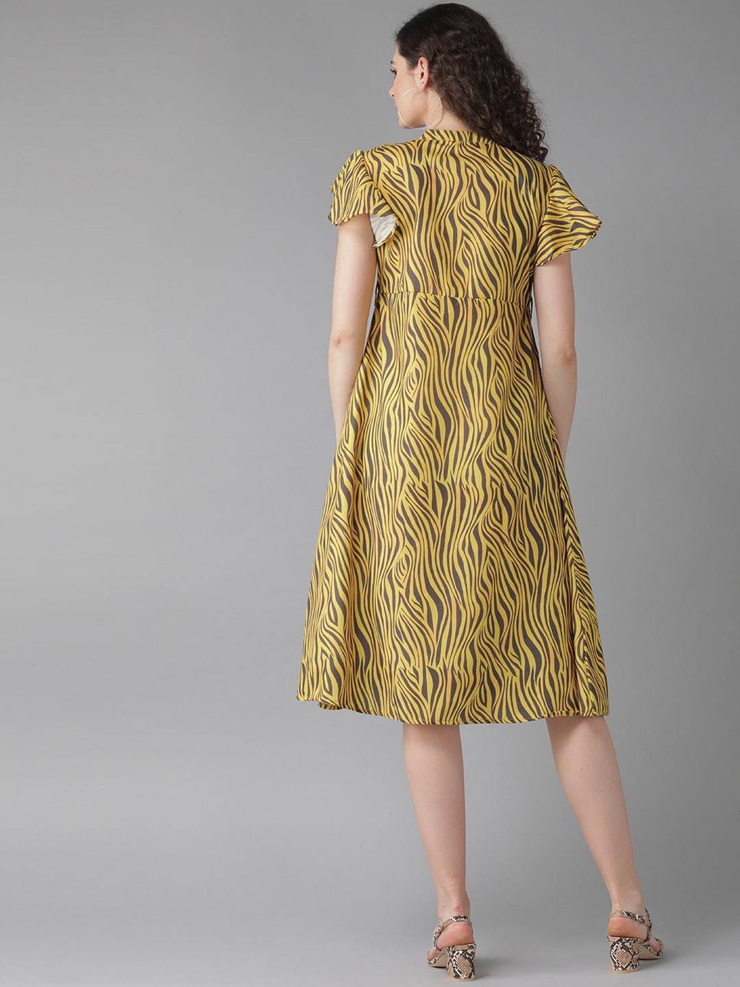 Women's  Yellow Printed A-Line Dress - AKS