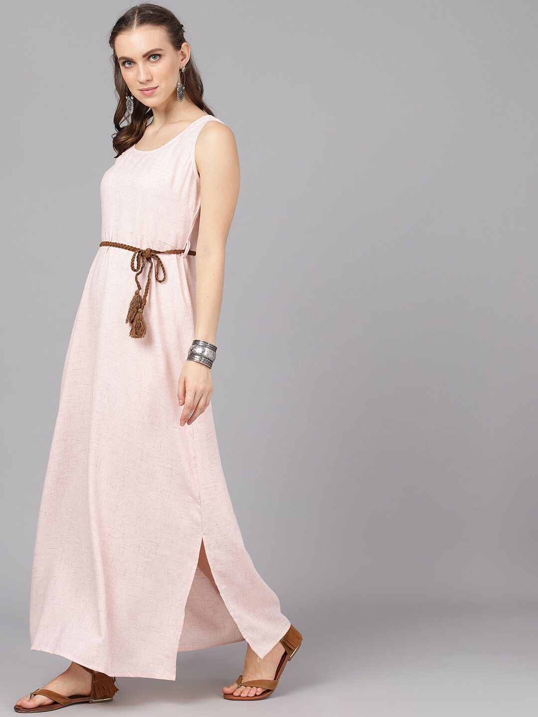 Women's  Peach-Coloured Self Design Maxi Dress - AKS