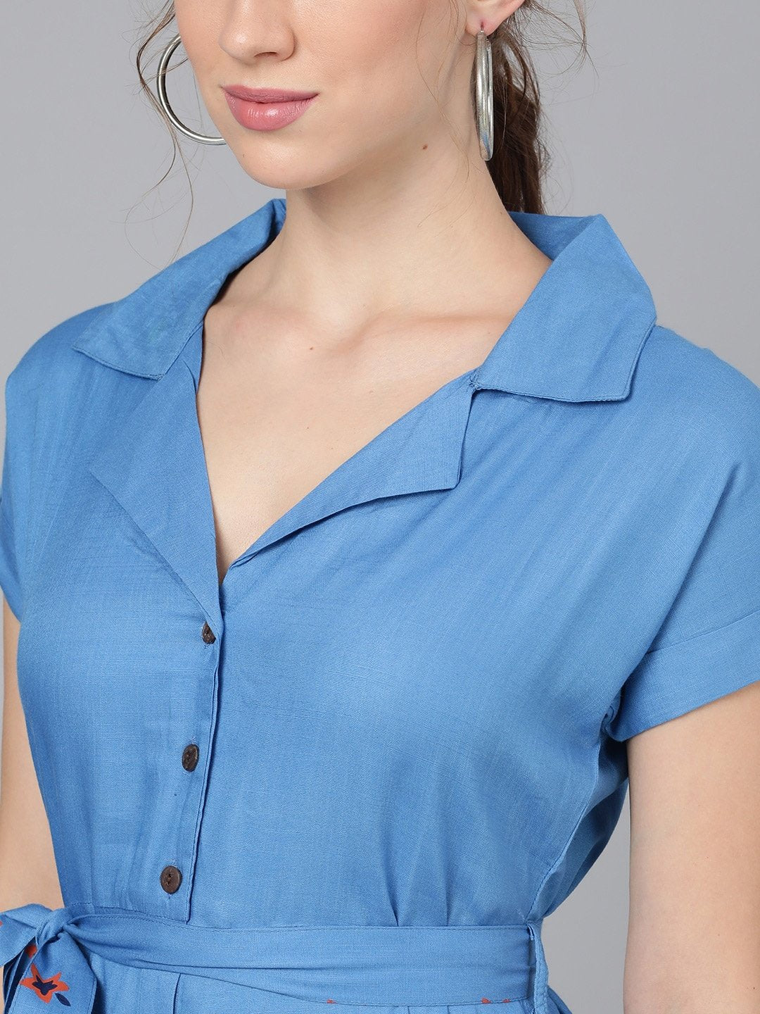 Women's  Blue Solid Shirt Dress With Belt - AKS