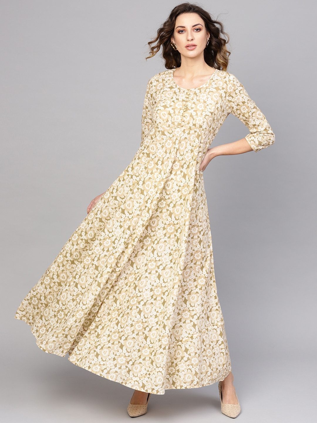 Women's  Off-White & Beige Floral Print Maxi Dress - AKS