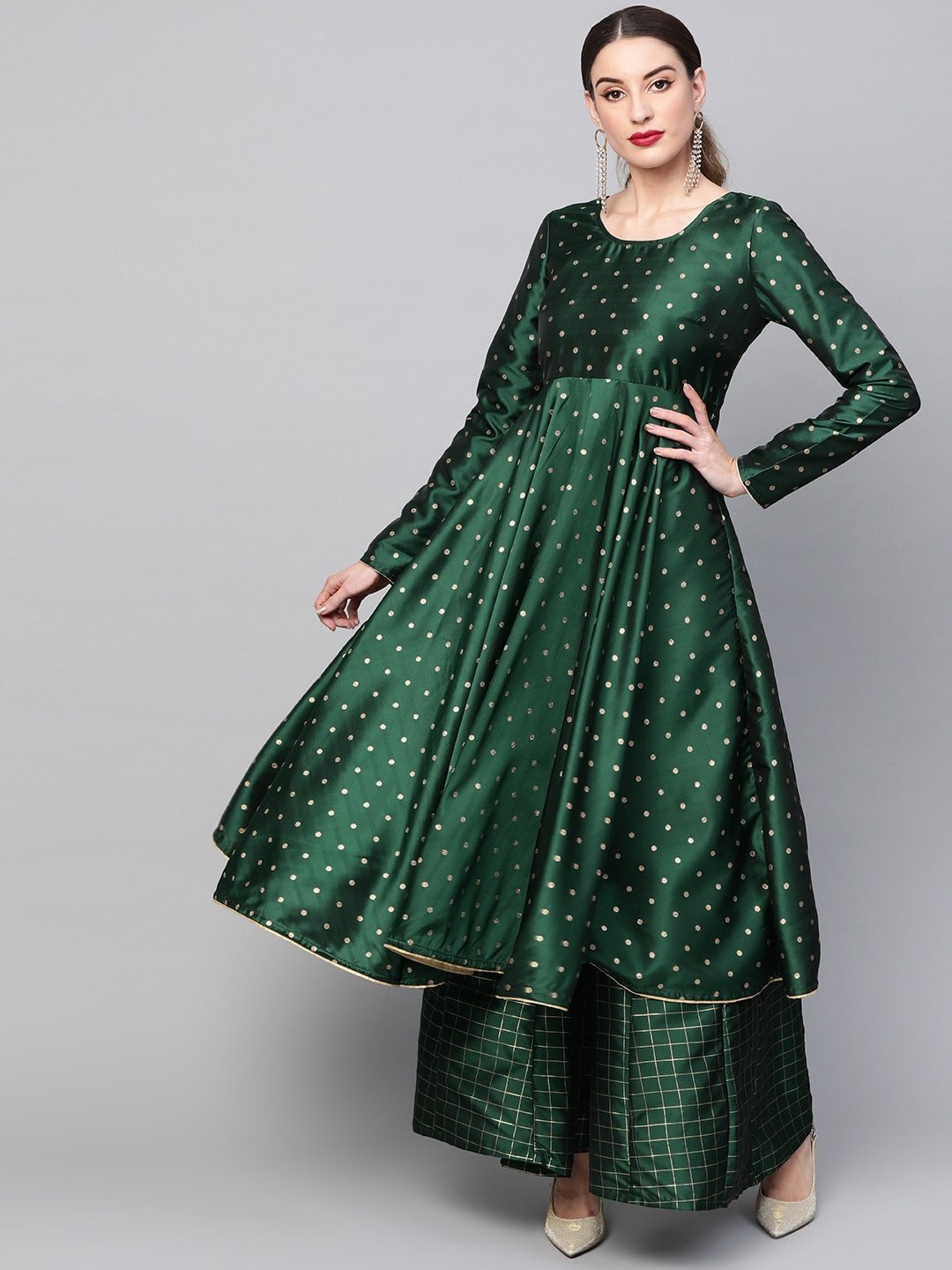 Women's  Green & Golden Woven Design Anarkali Kurta - AKS