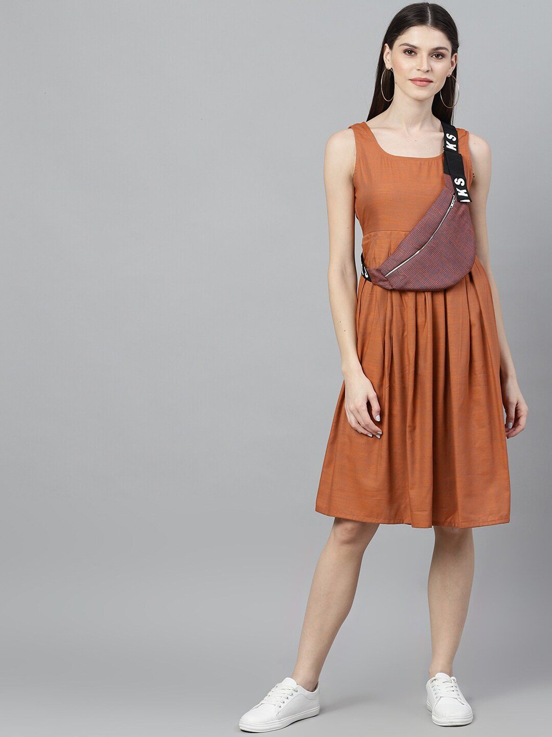 Women's  Orange Solid A-Line Dress - AKS
