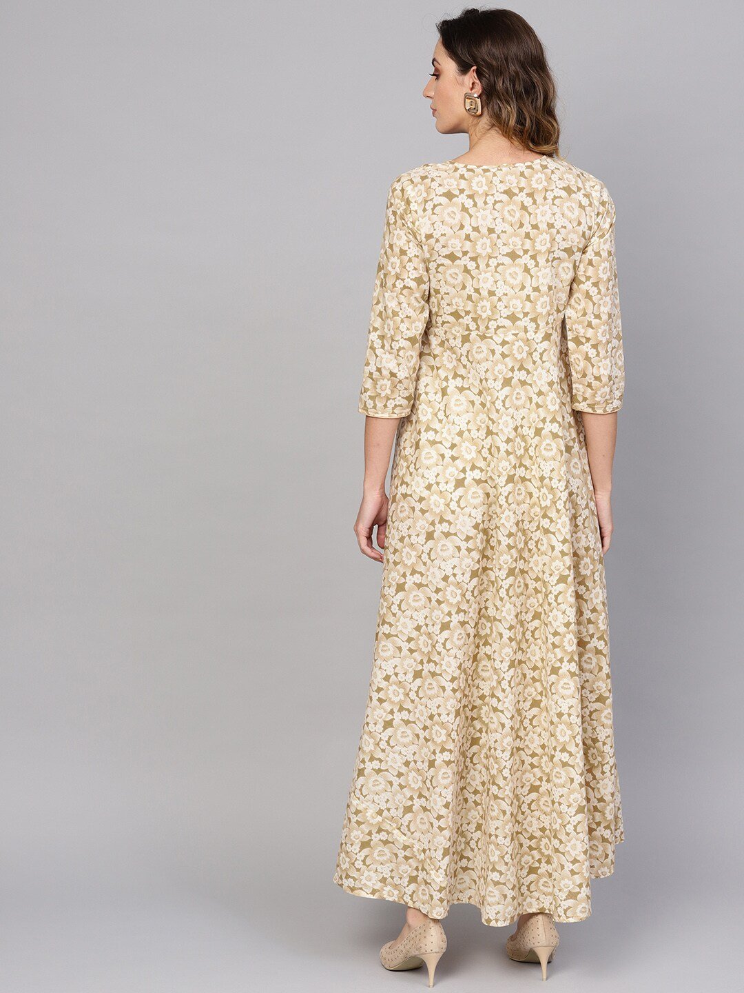 Women's  Off-White & Beige Floral Print Maxi Dress - AKS