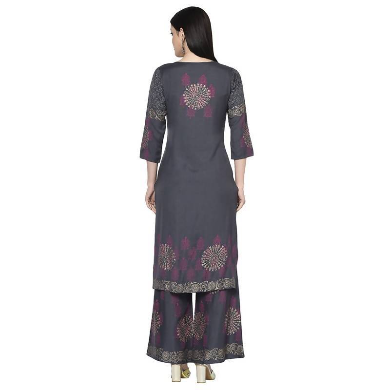 Women's Dark grey Rayon Block print straight kurta Palazzo set
