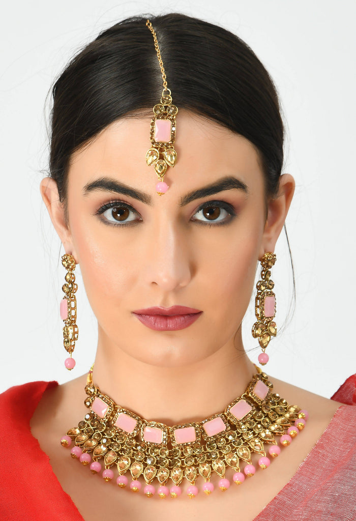 Kamal Johar Gold-Plated Stone & Pearls Baby Pink Necklace Set Mangal