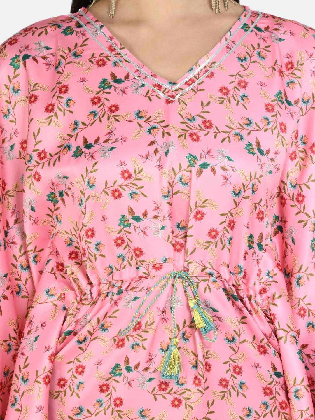Women's Pink Polyester Printed Full Sleeve V Neck Casual kaftaan - Myshka