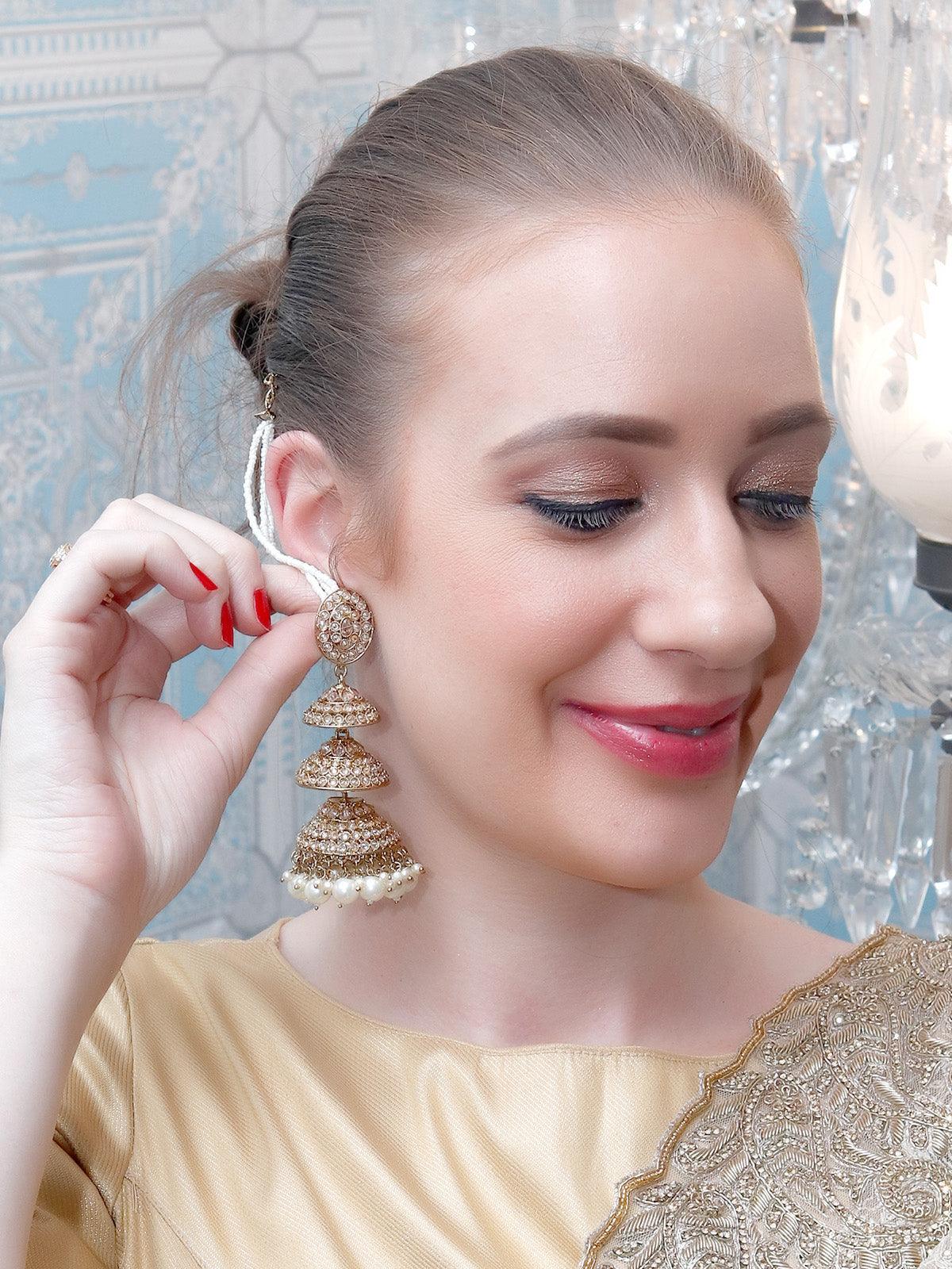 Women's Alluring Polki And White Pearl Chandelier Earrings - Odette