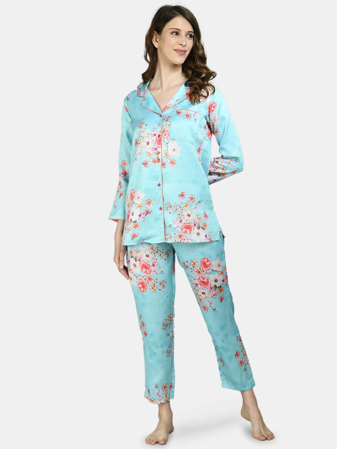 Women Sky Blue Printed Night Suit by Myshka (2 Pc Set)