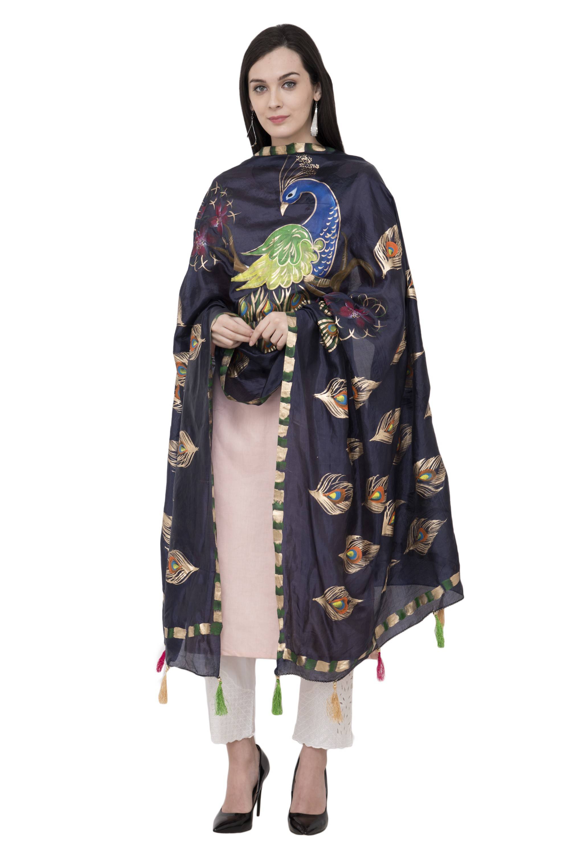 A R Silk Silk Peacock Multi Fancy Dupatta Color Navy Dupatta or Chunni