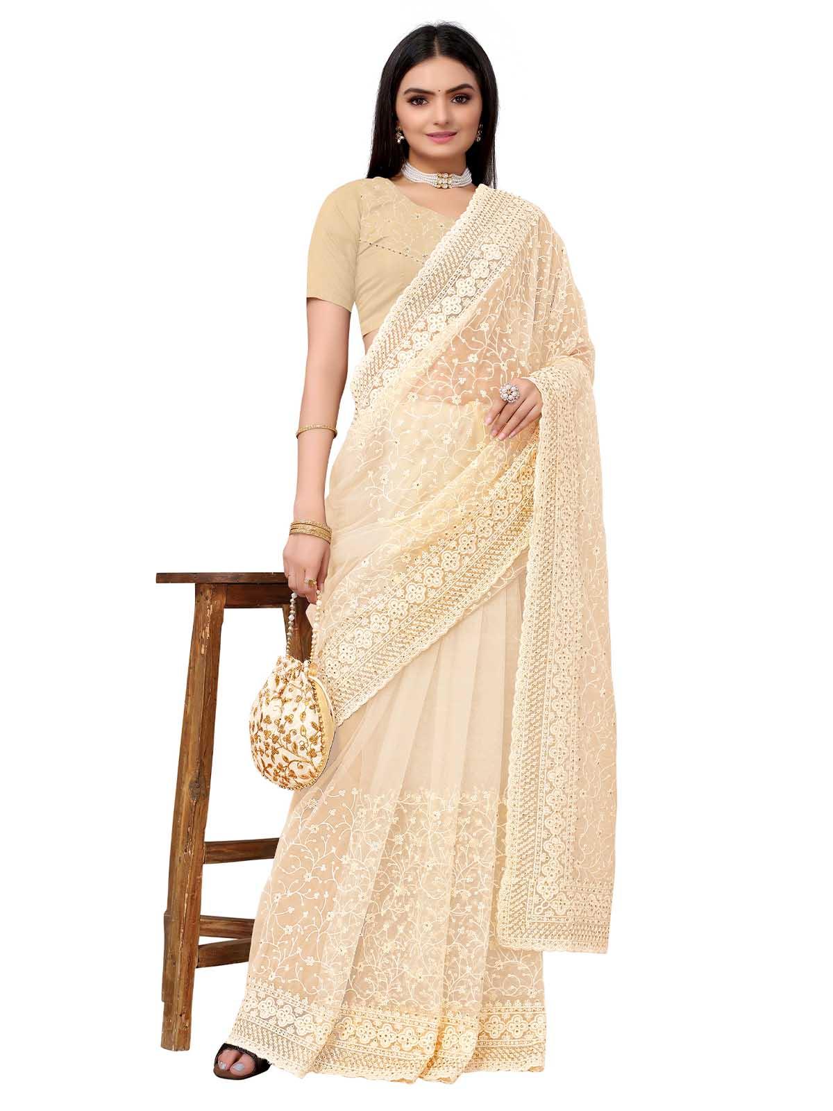 Women's Apricot Net Embroidered Saree With Blouse - Odette