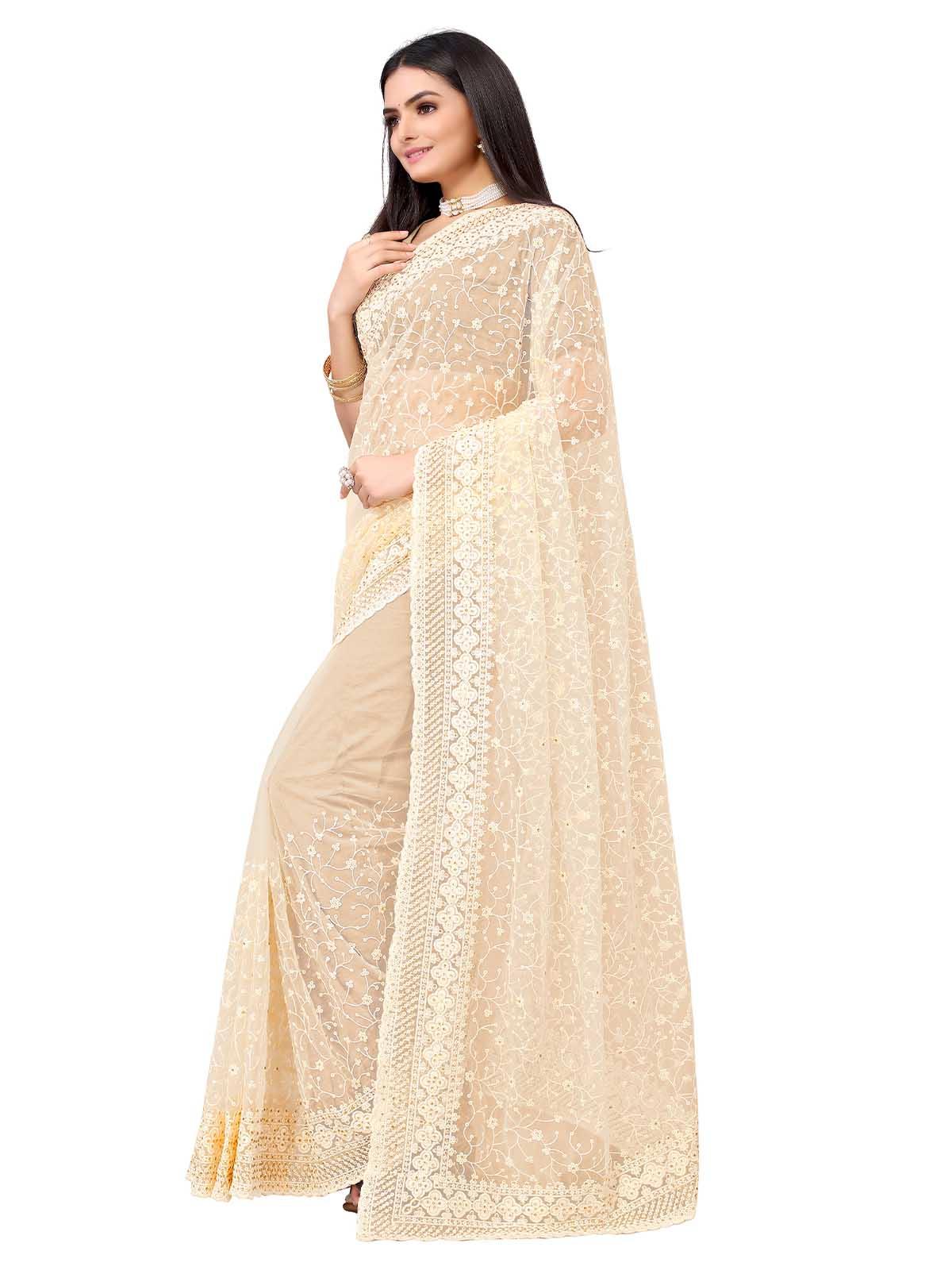 Women's Apricot Net Embroidered Saree With Blouse - Odette