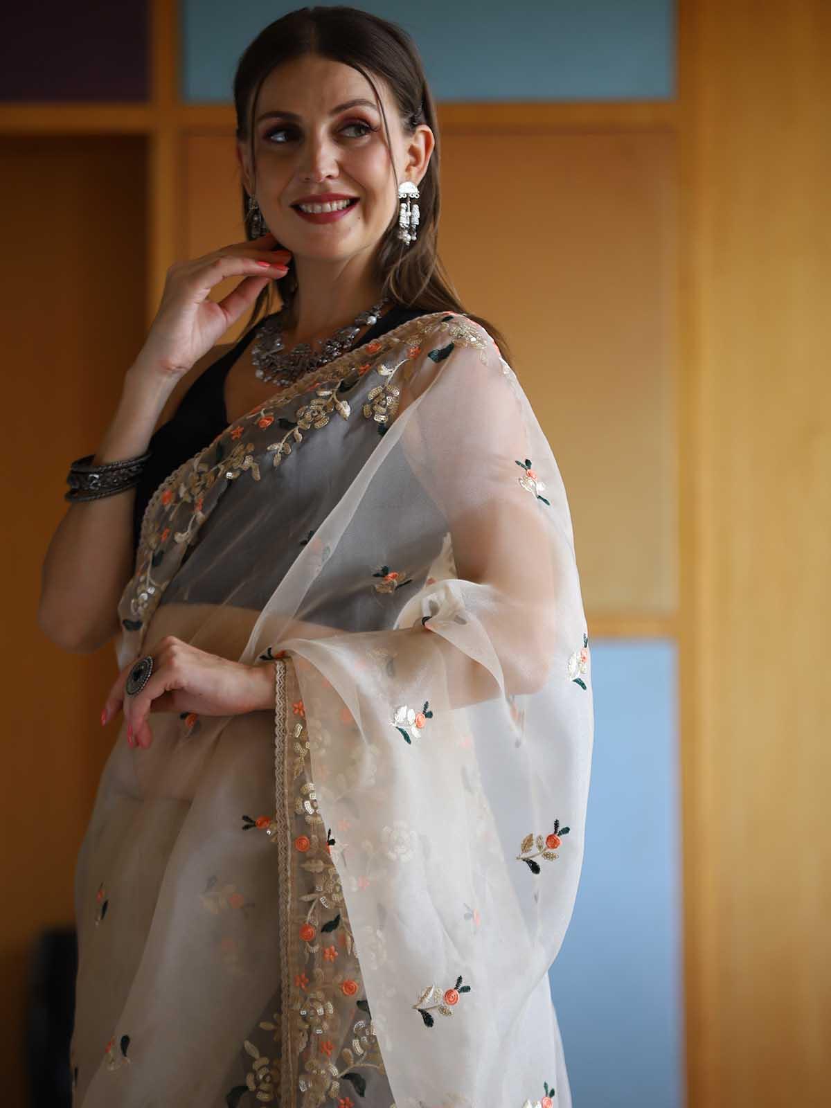 Women's Apricot Organza Embroidery Saree With Blouse - Odette