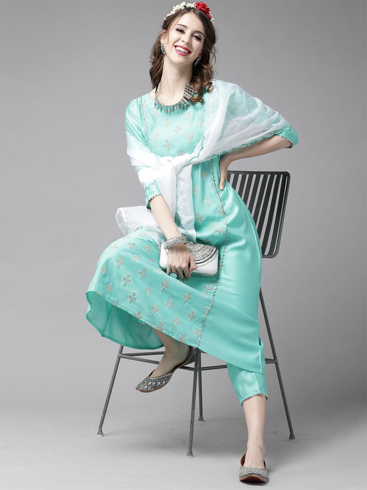 Women's Aqua Embroidered A-Line Kurta Trouser With Dupatta Set - Odette
