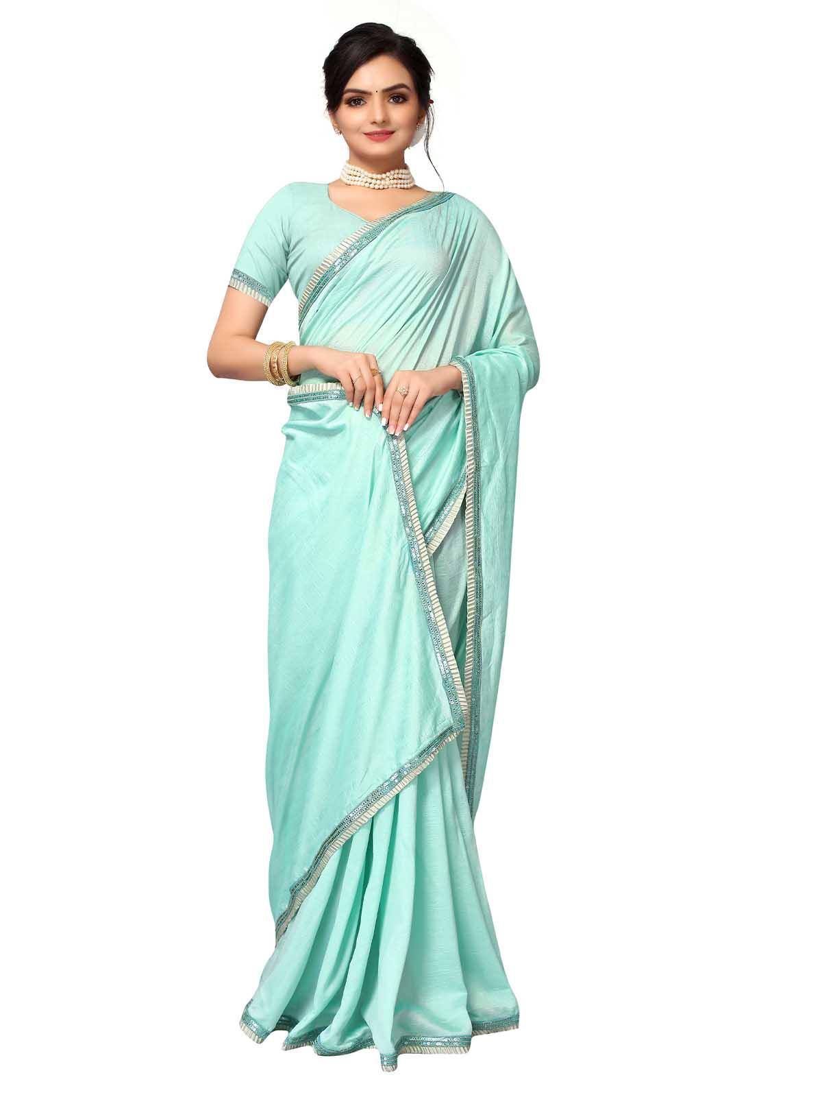Women's Aqua Poly Silk Sequence Saree With Blouse - Odette