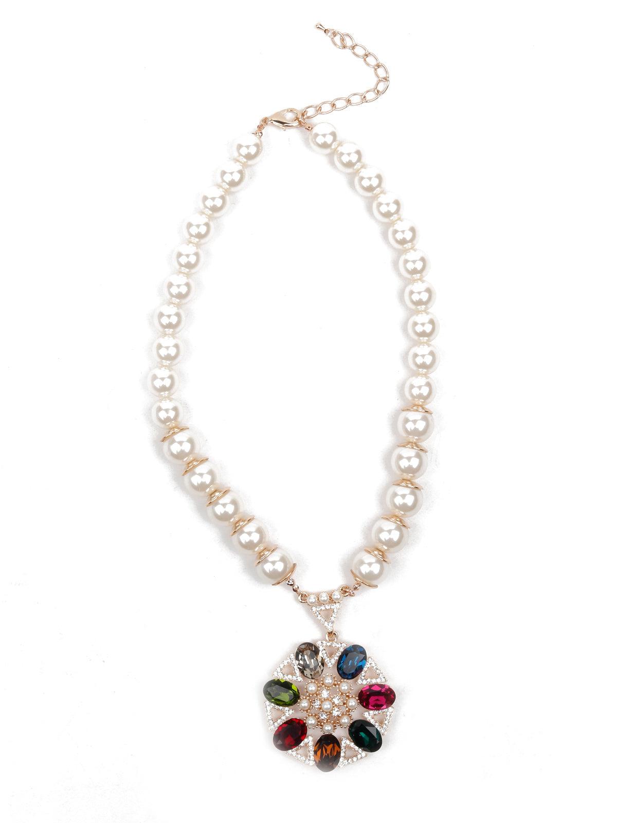 Women's Artificial Pearl Necklace With Floral Embellishments - Odette