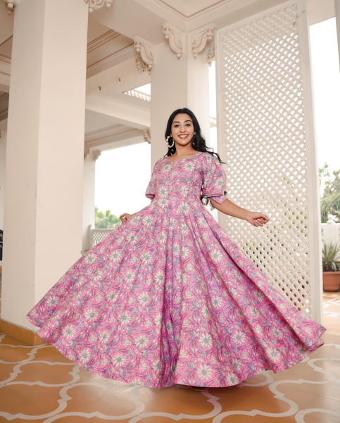Women's Bubblegum Pink Floral Dress - Indian Virasat