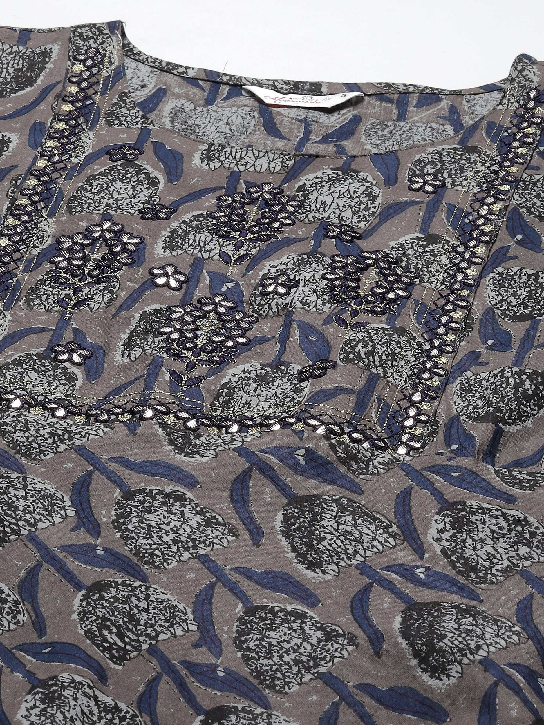 Women's grey & navy blue embroidered a-line dress - Meeranshi