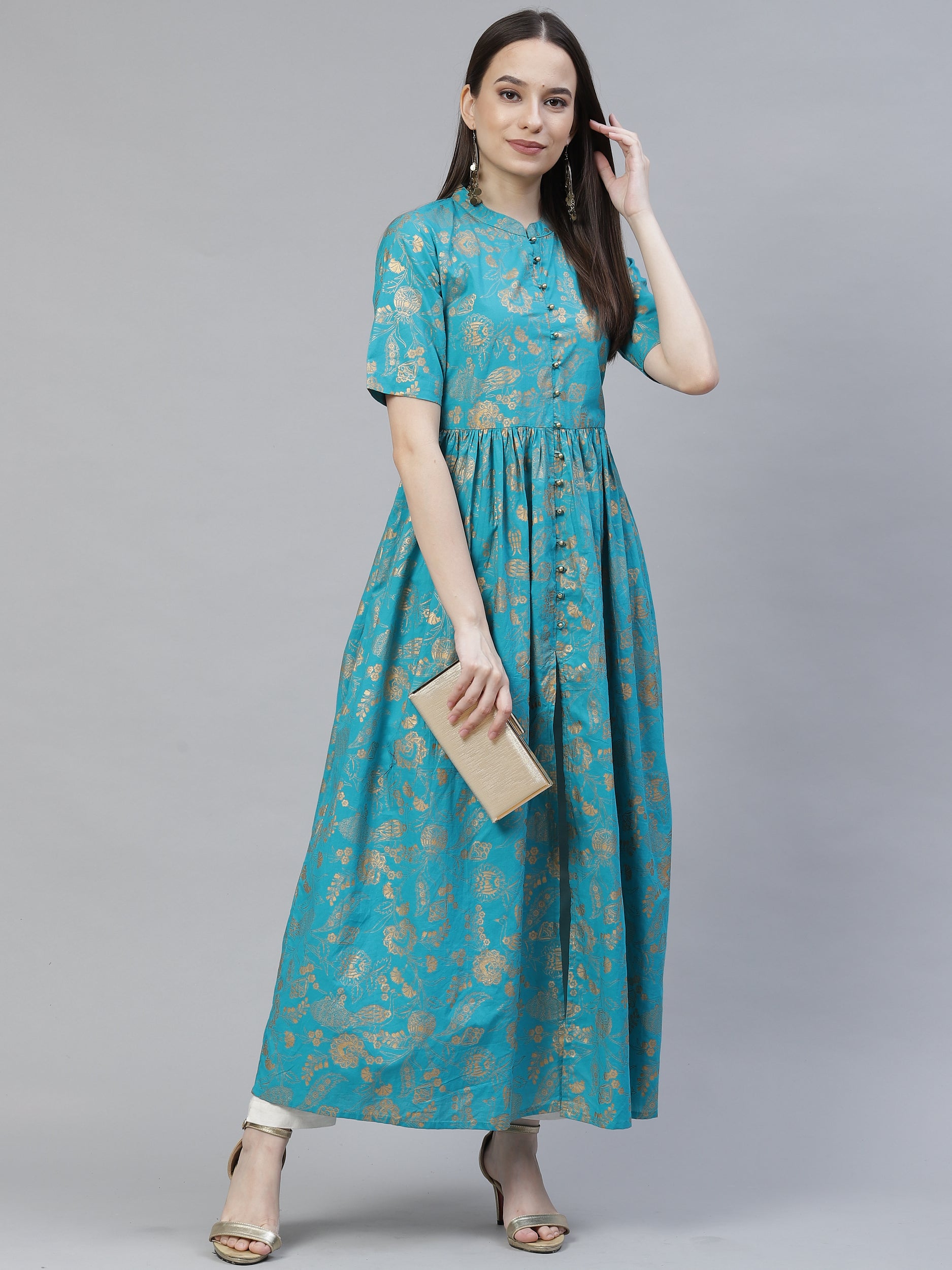 Women's turquoise blue and gold printed maxi dress - Meeranshi