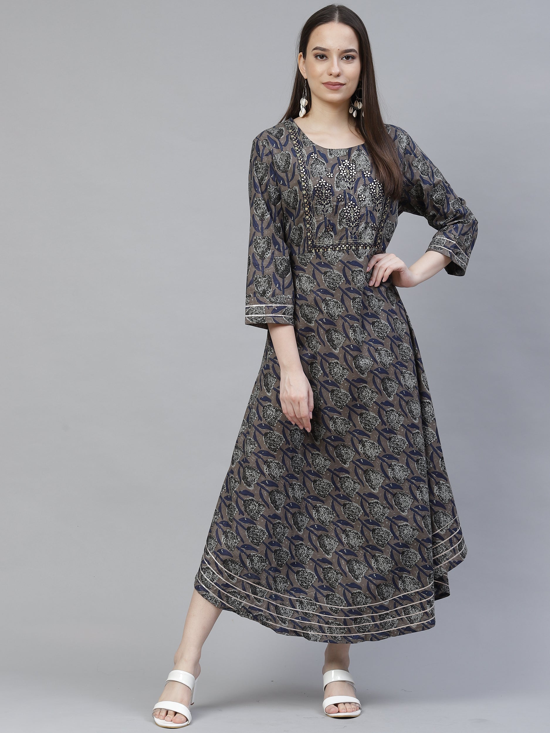 Women's grey & navy blue embroidered a-line dress - Meeranshi