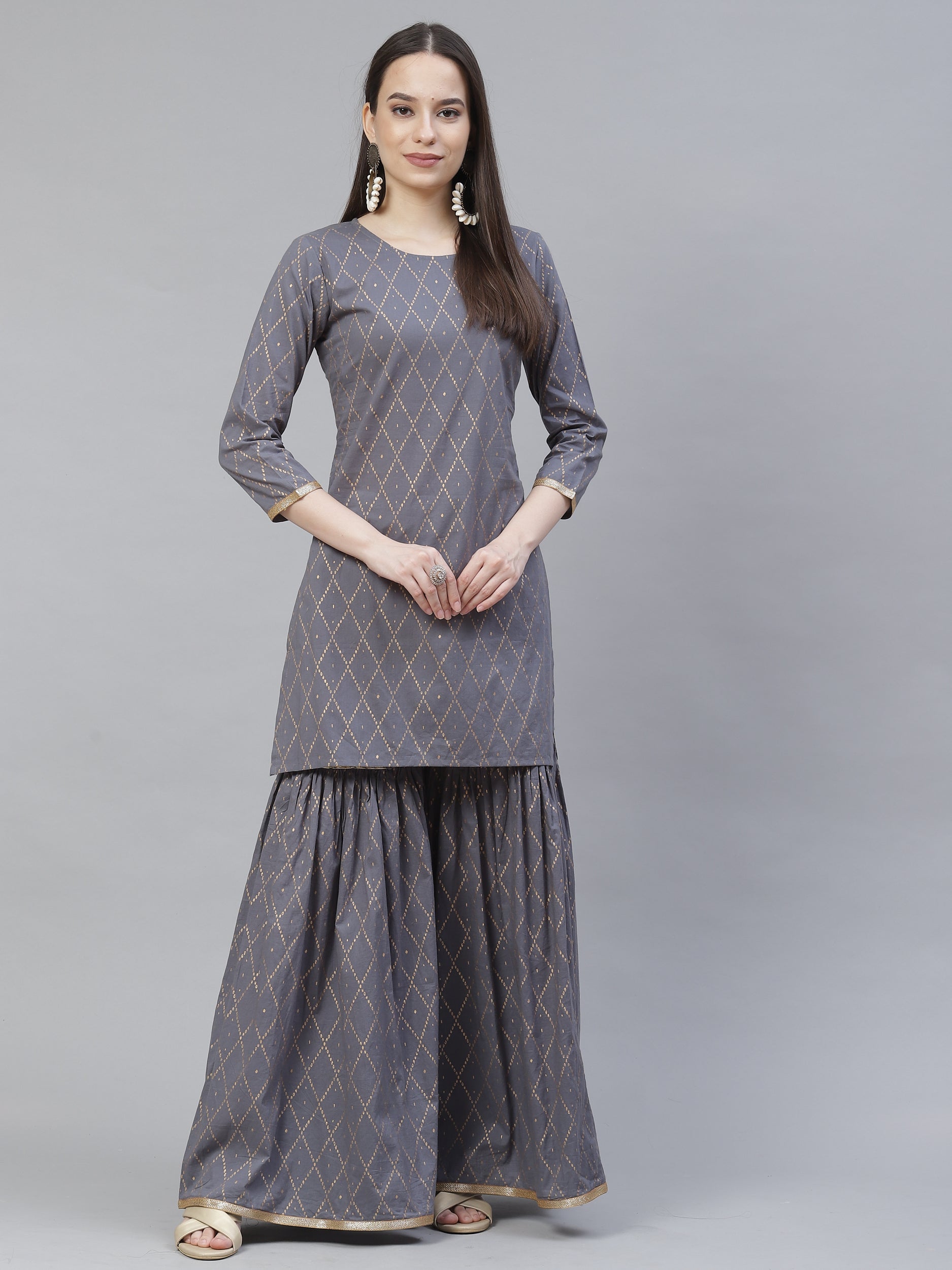 Women's grey & gold printed straight kurti with sharara - Meeranshi