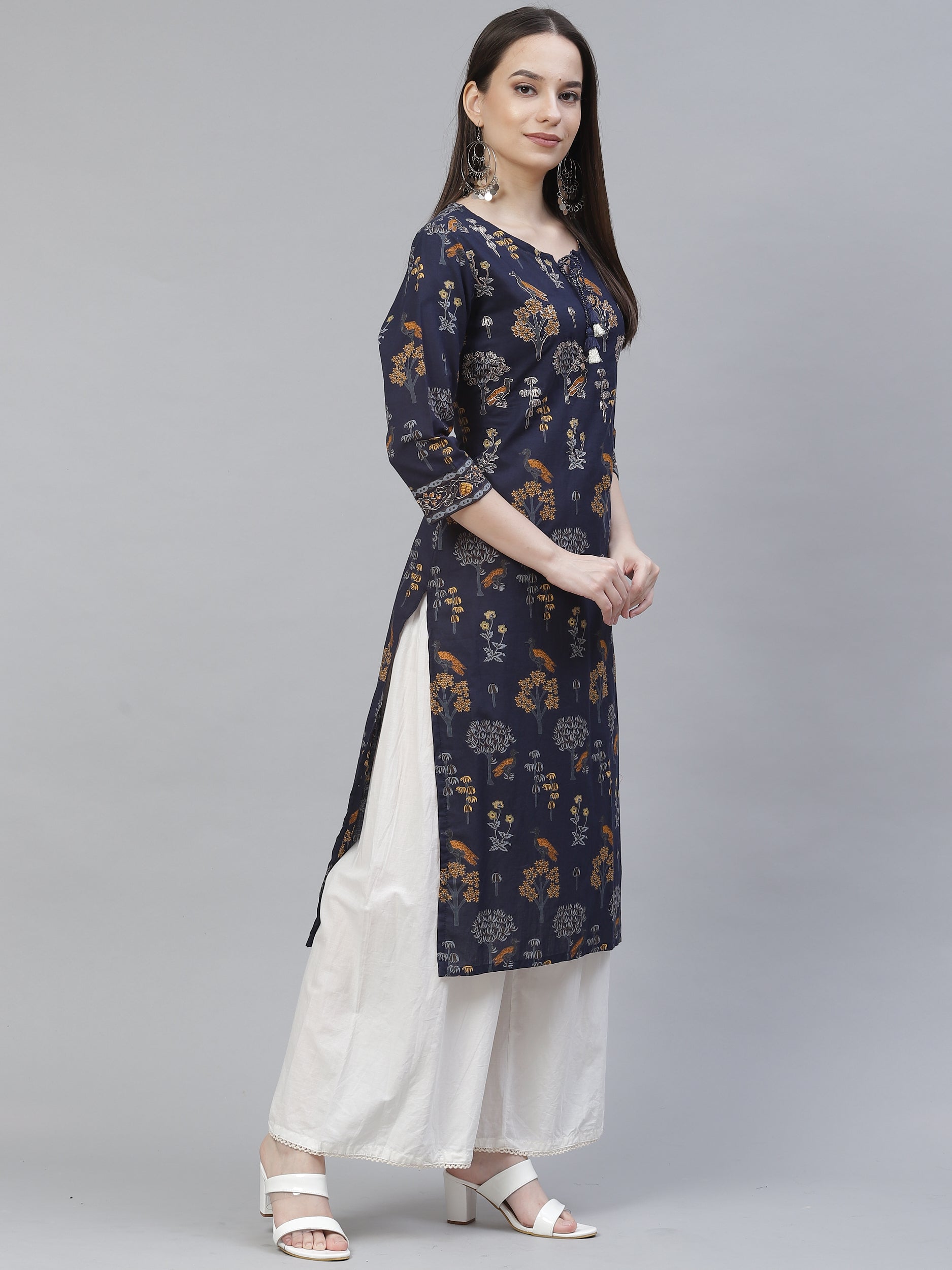 Women's navy blue printed kurta with palazzo - Meeranshi