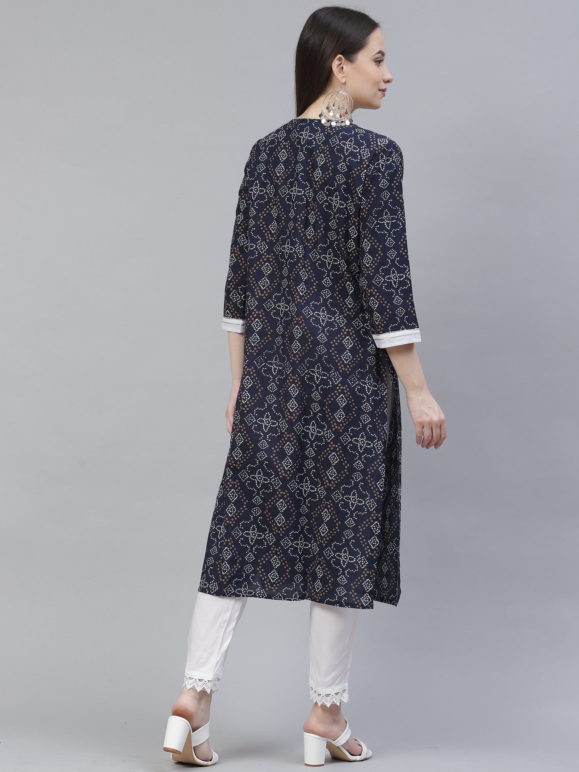 Women's navy blue & white zari embroidered kurta set - Meeranshi