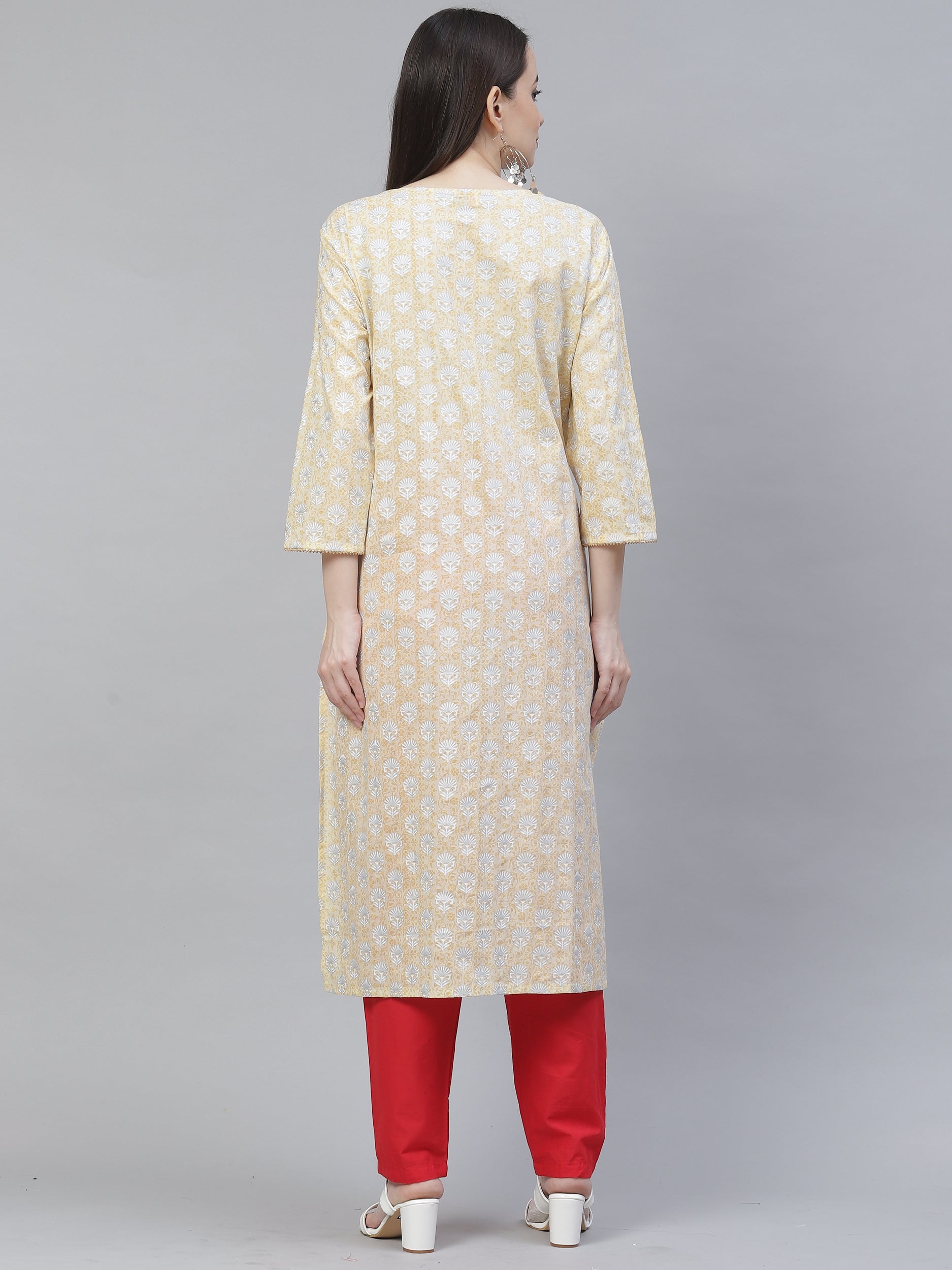 Women's beige & yellow floral printed straight kurta with trousers - Meeranshi