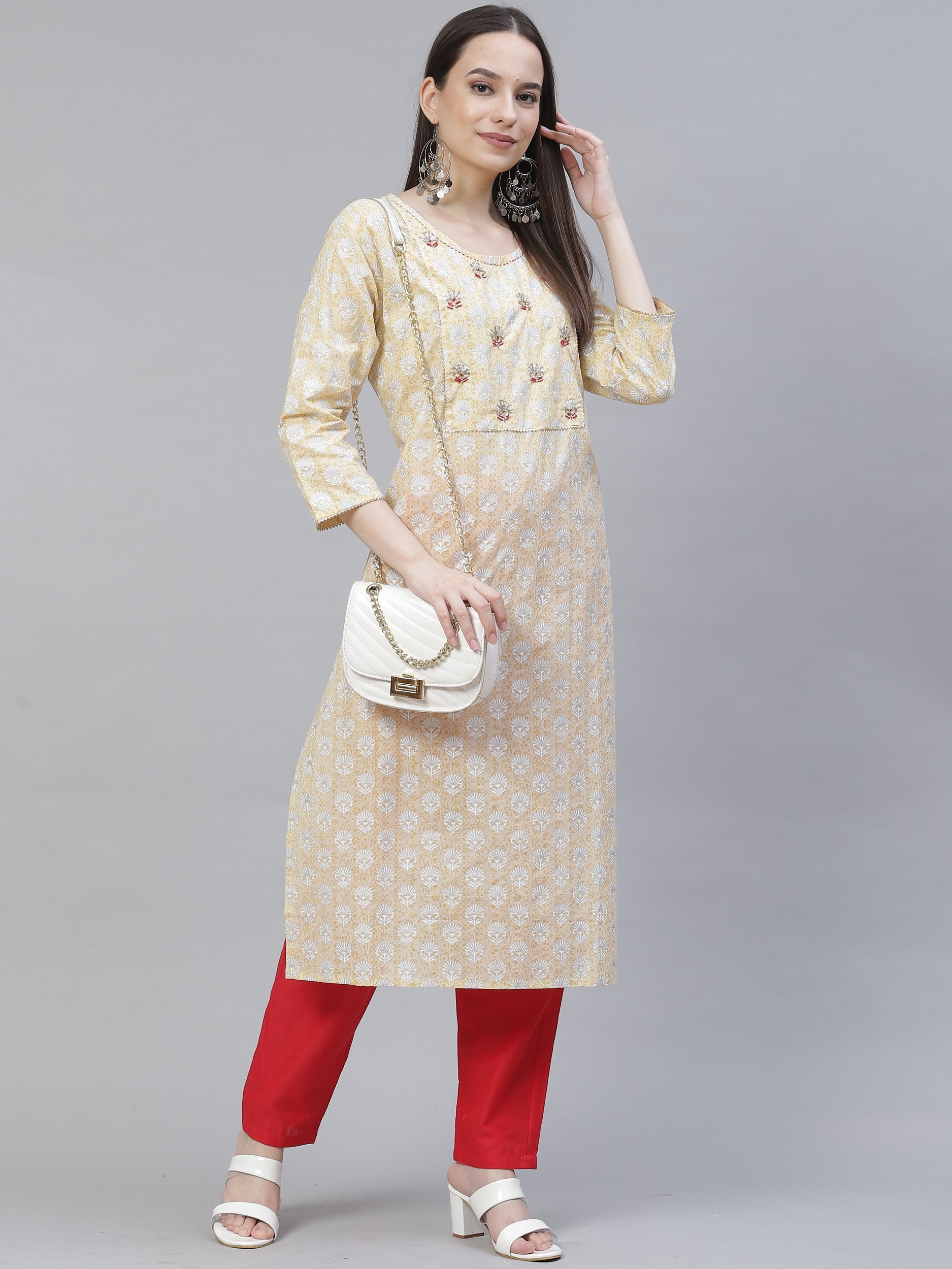 Women's beige & yellow floral printed straight kurta with trousers - Meeranshi