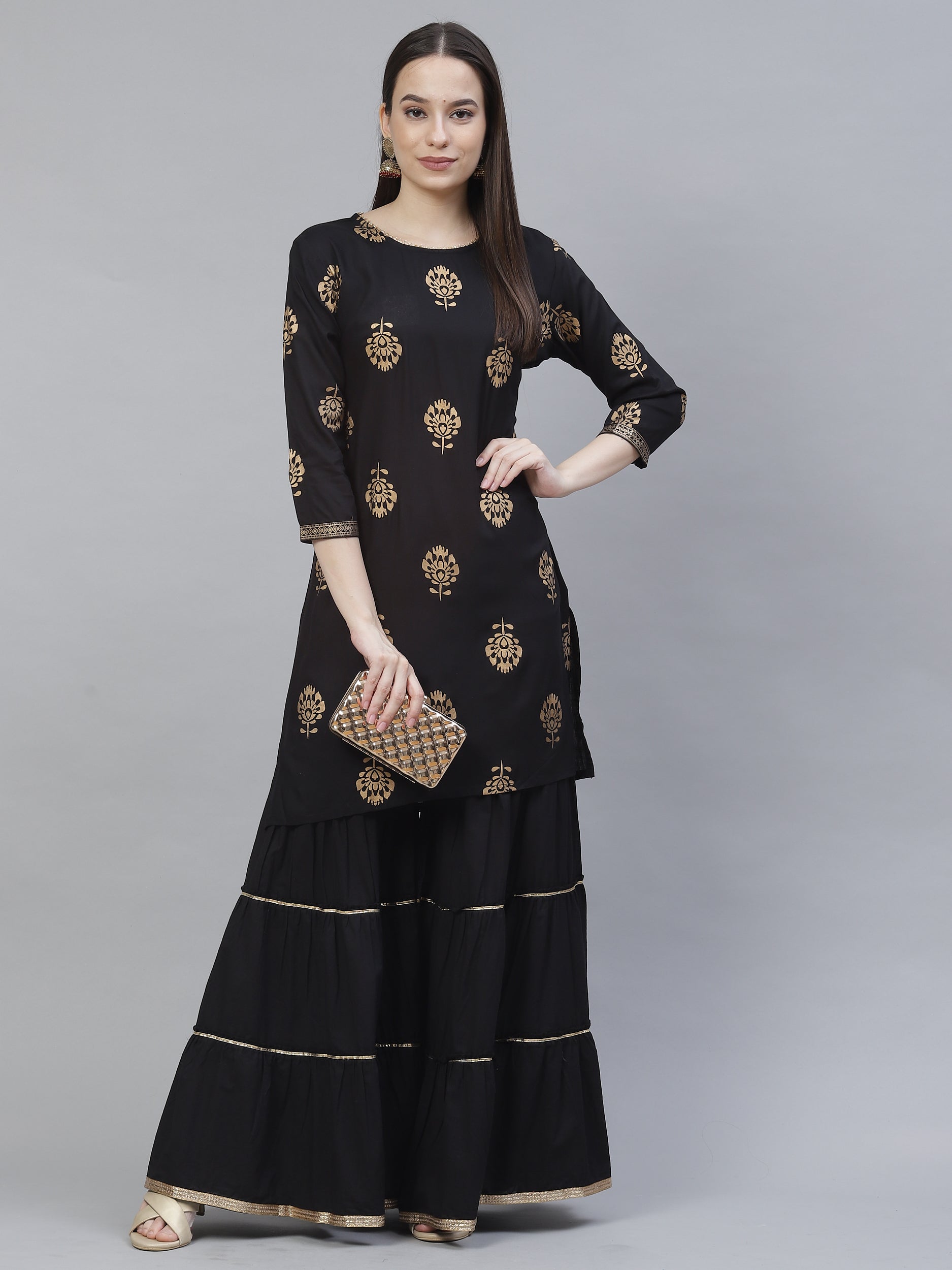 Women's black & gold printed straight kurta with sharara - Meeranshi