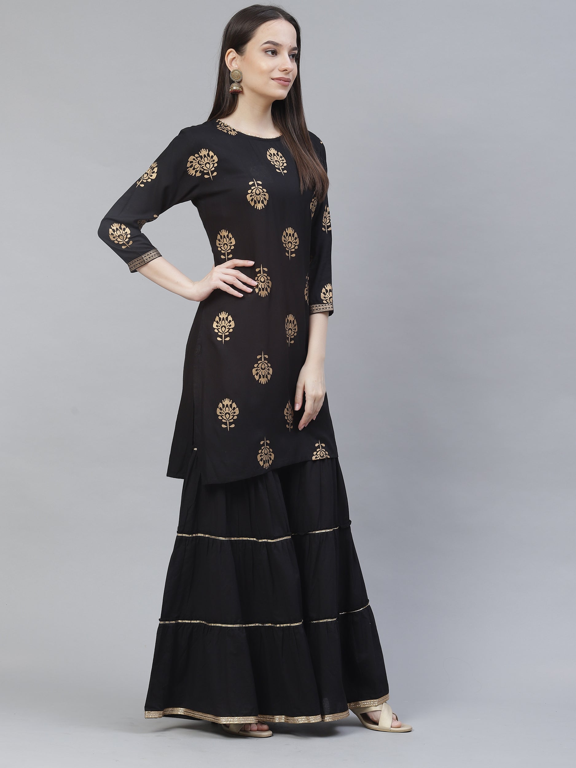 Women's black & gold printed straight kurta with sharara - Meeranshi