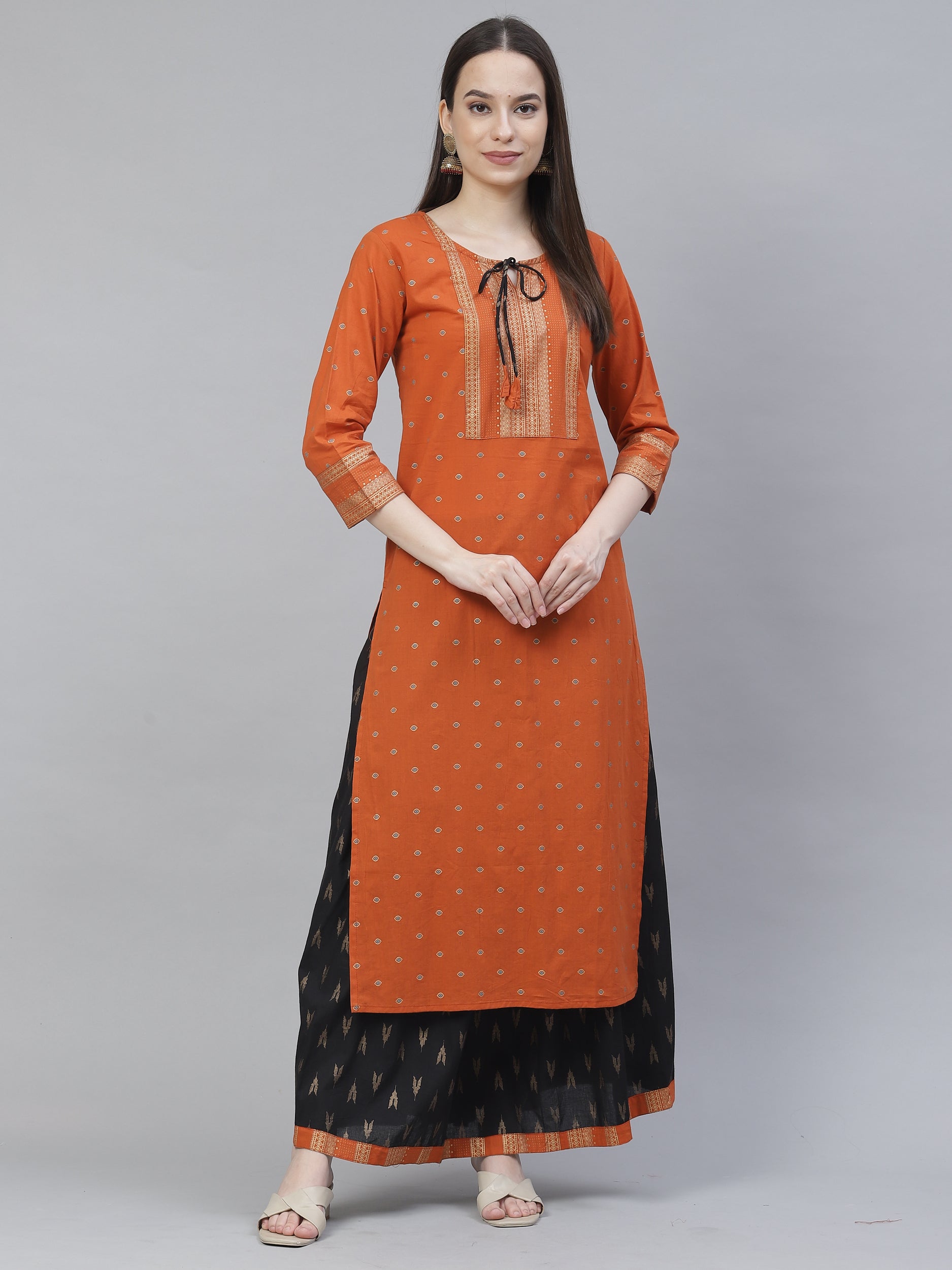 Women's orange & black printed kurta with skirt - Meeranshi