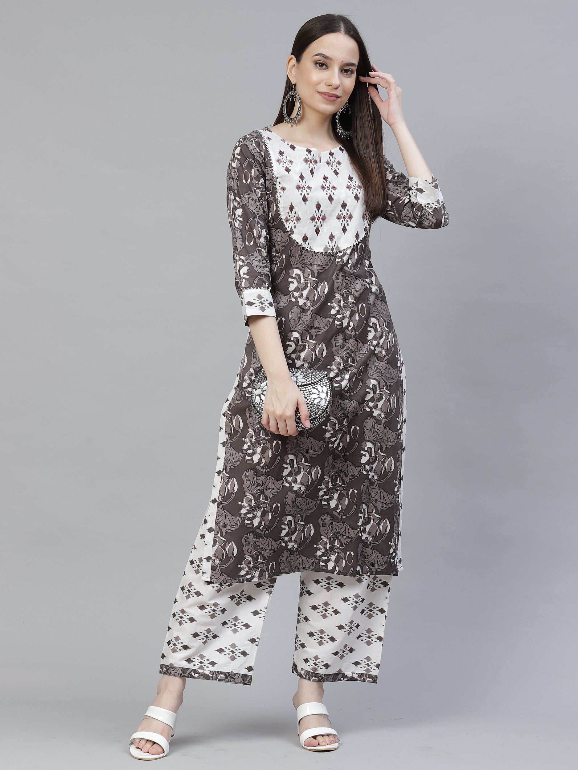 Women's brown & white printed straight kurta with trousers - Meeranshi