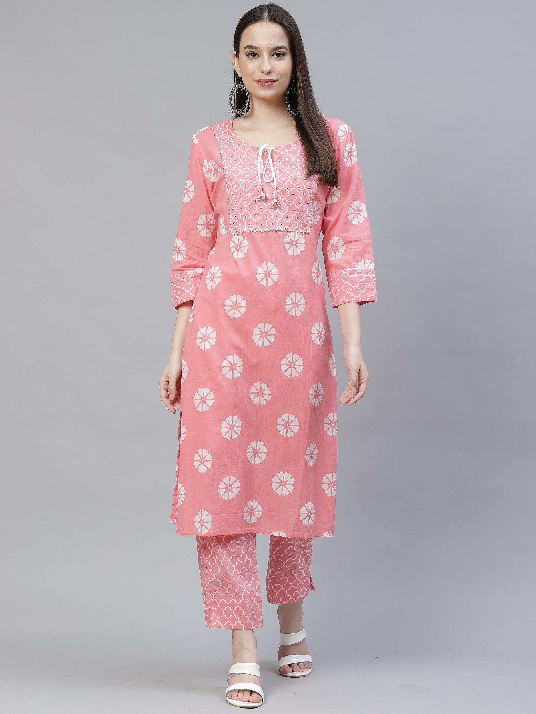 Women's pink and white printed floral kurta with trousers - Meeranshi