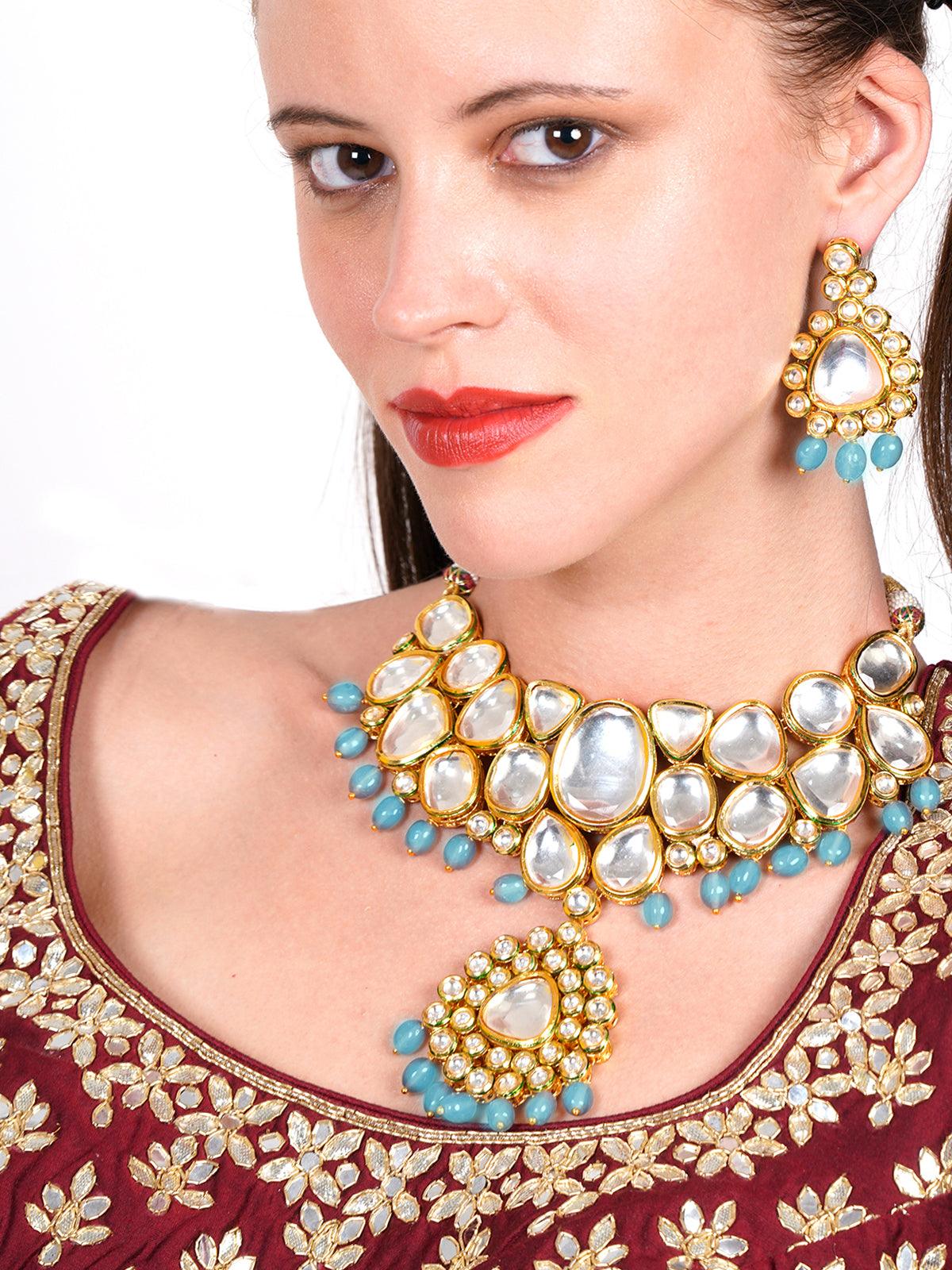 Women's Authentic Heavy Semiprecious Blue Kundan & Enameled Necklace With Earrings! - Odette